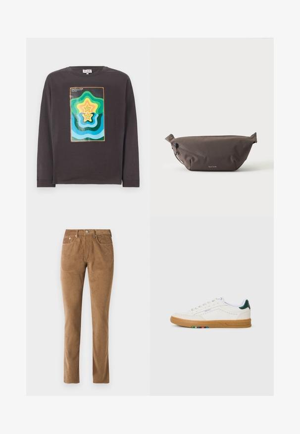 Donkergrijze lange mouw T-shirt met een kleurrijk geometrisch ontwerp met golven en sterren in groen, blauw, geel en oranje.; Bruine corduroy broek met een slim fit, voorzien van vijf zakken, een knoopsluiting en gestikte details langs de naden.; Witte leren sneaker met geperforeerd ontwerp, gumrubberen zool, groene hielaccent en kleurrijke streepdetails aan de zijkant.; Donkerbruine stoffen heuptas met diagonale ritssluiting en klein wit logo aan de voorkant, tegen een effen lichte achtergrond.