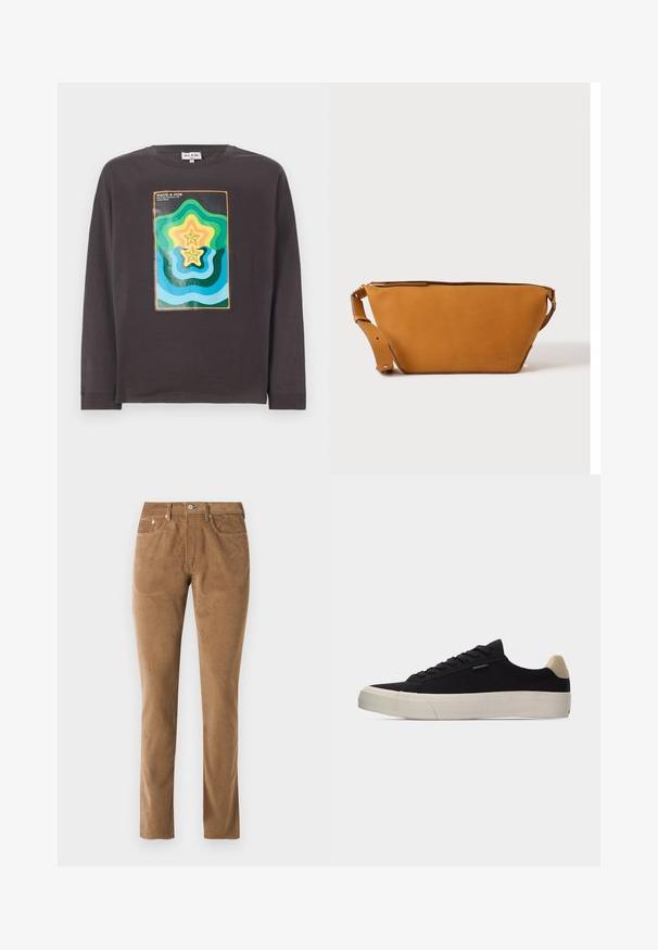 Donkergrijze lange mouw T-shirt met een kleurrijk geometrisch ontwerp met golven en sterren in groen, blauw, geel en oranje.; Bruine corduroy broek met een slim fit, voorzien van vijf zakken, een knoopsluiting en gestikte details langs de naden.; Zwarte lage sneaker met beige hielstuk, dikke witte rubberen zool, zwarte veters en een klein "PS Paul Smith" label aan de zijkant.; Lichtbruine leren crossbodytas met verstelbare band en ritssluiting, getoond tegen een effen lichte achtergrond.
