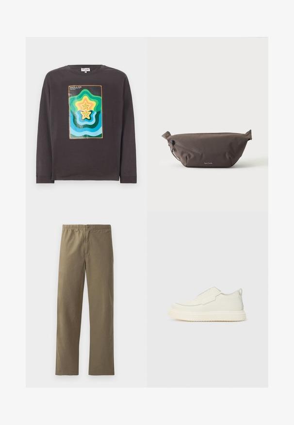 Mørkegrå langærmet t-shirt med et farverigt geometrisk design med bølger og stjerner i grøn, blå, gul og orange.; Khaki bukser lavet af letvægtsmateriale. Har en elastisk talje, knaplukning, lige ben og en glat overflade.; Slip-on sneaker i off-white tekstureret materiale med en tyk, rillet sål. Har minimale sømme og et subtilt lysblåt accent.; Mørkebrun stof talje taske med diagonalt lynlåslomme og lille hvidt logo på fronten, sat mod en ensfarvet lys baggrund.