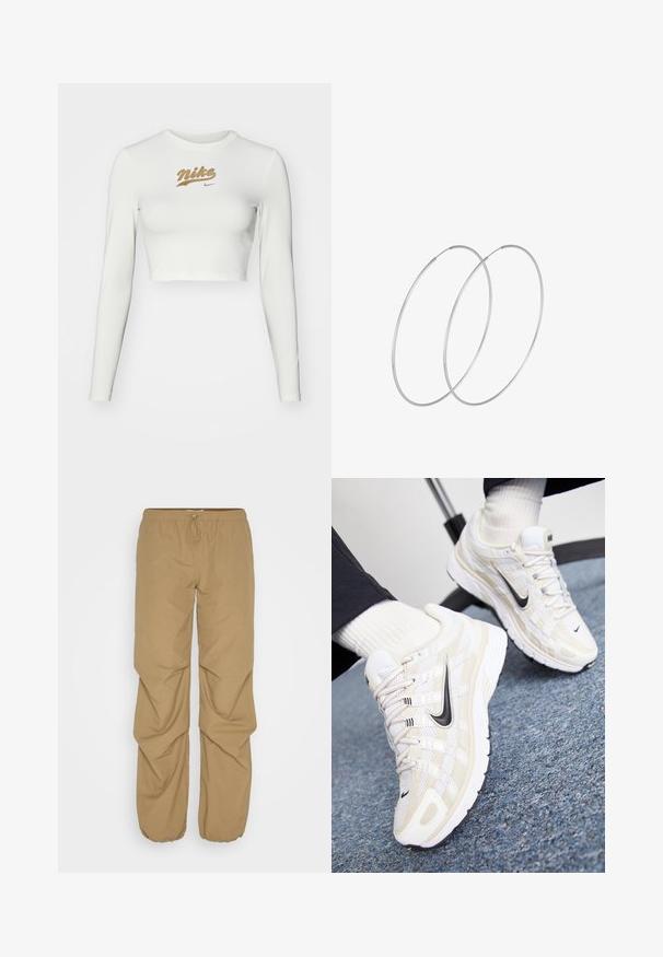 Weißes, langärmliges Crop-Top aus glattem Stoff, mit einem goldenen Nike-Logo-Print auf der Brust und einem klassischen Rundhalsausschnitt.; JDY JDYZOLA PARACHUTE PANT - Stoffhose - lead gray; Weiße und beige Nike-Sneaker mit einem Obermaterial aus Mesh, strukturiertem Overlay, schwarzem Swoosh und einer gepolsterten Sohle mit rutschfester Außensohle.; Silberne Creolen mit minimalistischem Design. Rundform, glatte Oberfläche und dünnes Profil. Leichtgewichtig mit hochglänzender Oberfläche.