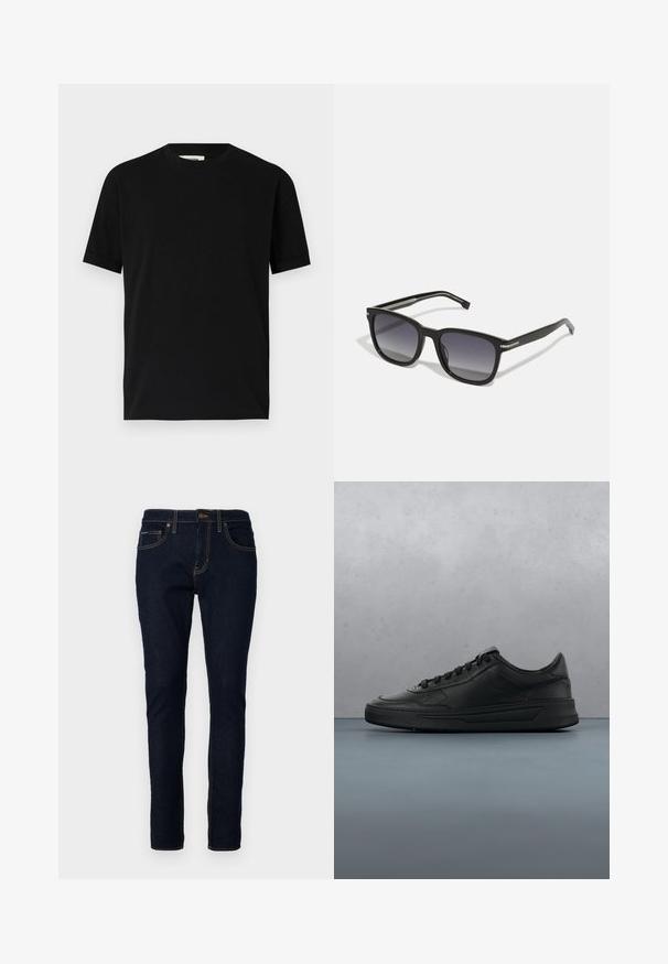 Sort kortærmet t-shirt lavet af bomuld med rund halsudskæring og løs pasform. Glat tekstur, ingen mønstre eller synlige logoer.; Mørkeblå denimjeans med slim fit, prydet med stikninger, fem lommer og knaplukning i taljen.; Sort sneakers med glat læderoverdel, rund tå, flade snørebånd, polstret krave og minimalistisk design. Gummisål med subtilt mønster.; BOSS Solbriller - black