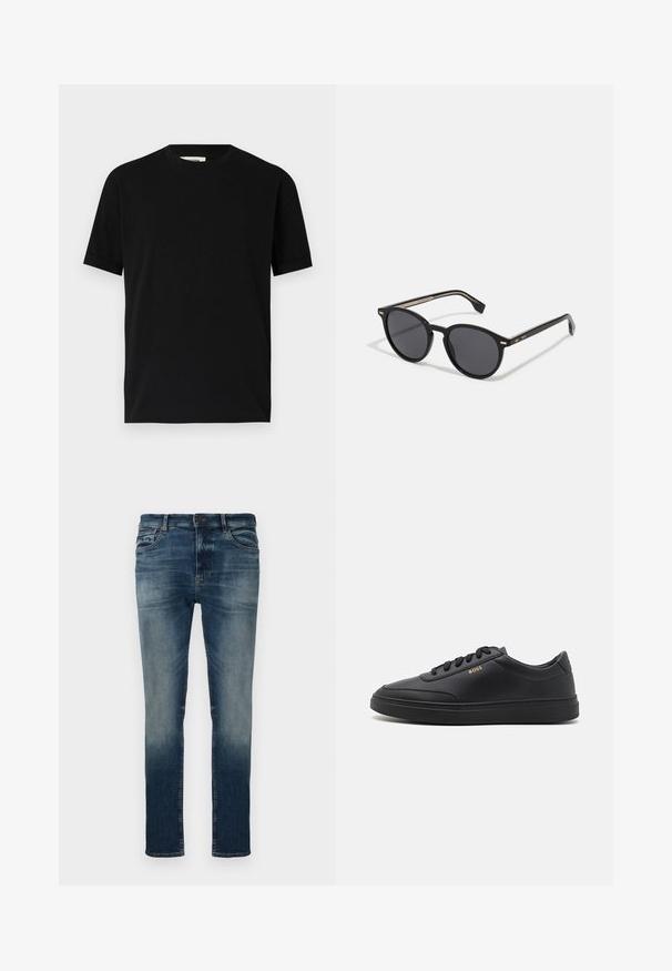 Schwarzes kurzärmliges T-Shirt aus Baumwolle mit Rundhalsausschnitt und lockerer Passform. Sanfte Textur, keine Muster oder sichtbaren Logos.; Dunkelblaue Denim-Jeans mit bleichendem Wasch-Effekt, schlanker Passform, Fünf-Taschen-Design, Gürtelschlaufen und Metallknopfverschluss. Glatte Textur.; Schwarze Leder-Sneaker mit glatter Textur, runder Zehenpartie, flacher Gummisohle und einfarbigen Schnürsenkeln. Mit goldfarbenem "BOSS" Logo an der Seite.; BOSS Sonnenbrille - black