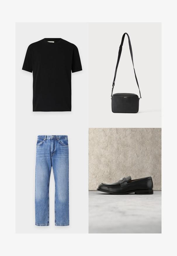 Zwarte t-shirt met korte mouwen van katoen, met een ronde halslijn en een losse pasvorm. Gladde textuur, zonder patronen of zichtbare logo's.; Lichtblauwe denim jeans met een rechte pijp, vijf zakken, contraststiksels en een iets vervaagde afwerking. Knoop- en ritssluiting.; Zwarte leren loafer met een metalen merktekenplaatje, rustend bij een bruine ronde tafel op een beige tapijtvloer.; Zwarte rechthoekige crossbodytas met verstelbare band en BOSS-logo aan de voorkant, tegen een effen lichte achtergrond.