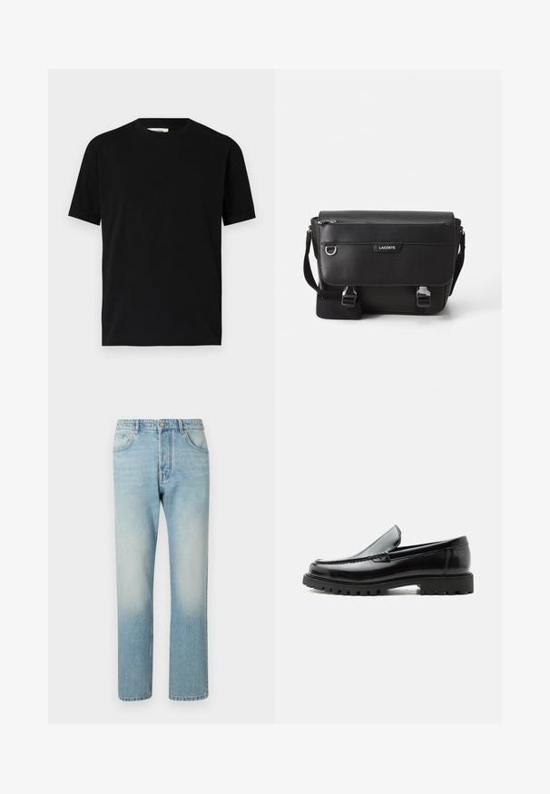 T-shirt noir à manches courtes en coton avec un col rond et une coupe ample. Texture lisse, sans motifs ni logos visibles.; Jeans bleu clair fabriqués en denim, présentant un design à jambe droite, une structure à cinq poches et un effet délavé au niveau des cuisses.; Mocassin en cuir noir avec semelle en caoutchouc épaisse, dessus cousu et nom de marque embossé sur le talon, présenté de profil sur fond blanc.; Sac messager Lacoste noir texturé avec bandoulière ajustable, rabat avant, poche zippée et fermetures à boucle en métal.