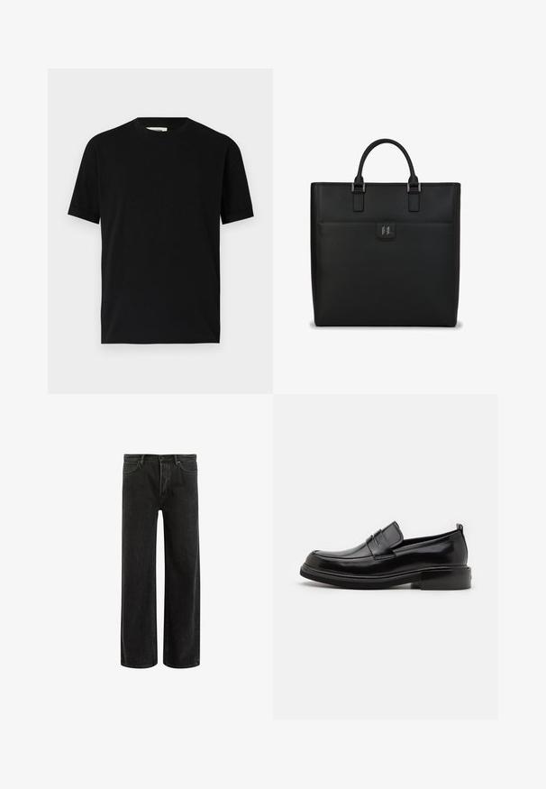 T-shirt noir à manches courtes en coton avec un col rond et une coupe ample. Texture lisse, sans motifs ni logos visibles.; Jean en denim noir à jambes larges avec taille haute, présentant un design classique à cinq poches et un léger délavage pour un aspect texturé.; Calvin Klein MOCCASIN - Mocassins de ville - black; Sac fourre-tout en cuir noir avec une forme rectangulaire structurée, des poignées supérieures doubles, des accents argentés et une poche avant avec un logo.