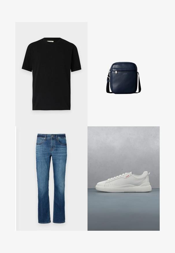 Schwarzes kurzärmliges T-Shirt aus Baumwolle mit Rundhalsausschnitt und lockerer Passform. Sanfte Textur, keine Muster oder sichtbaren Logos.; Blaue Jeans aus Denim mit geradem Bein, fünf Taschen, leichter Verwaschung und kupferfarbenen Nähten. Mit einem normalen Bündchen vollendet.; Weiße Sneaker aus glattem Leder, runde Spitze, vier Ösen, dezente Perforationen und ein rotes Logodetail an der Seite.; Dunkelblaue Leder-Crossbody-Tasche mit vorderer Reißverschlusstasche und schwarzem verstellbarem Schultergurt.