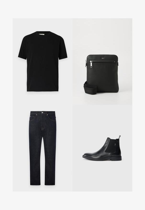 Schwarzes kurzärmliges T-Shirt aus Baumwolle mit Rundhalsausschnitt und lockerer Passform. Sanfte Textur, keine Muster oder sichtbaren Logos.; Dunkelblaue Denim-Jeans mit geradem Bein, ausgestattet mit fünf Taschen, kontrastierenden orangen Nähten und einem Knopfverschluss an der Taille.; Schwarze Leder Chelsea-Boots mit elastischen seitlichen Einsätzen, einer Zugschlaufe und einer flachen Gummisohle. Glatte Textur mit minimaler Ausgestaltung.; Schwarze Leder-Umhängetasche mit flachem Design, strukturierter Oberfläche, Reißverschluss, Vordertasche und verstellbarem Stoffriemen.