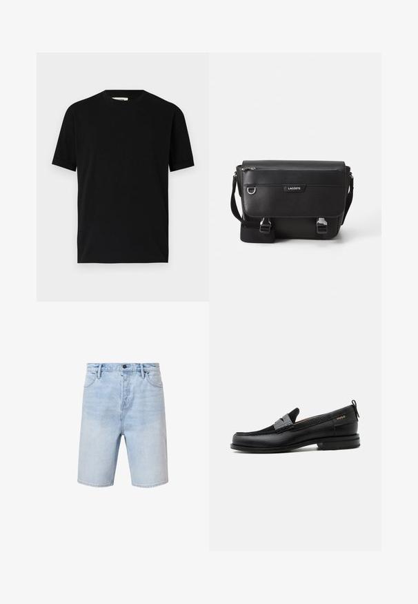 Sort kortærmet t-shirt lavet af bomuld med rund halsudskæring og løs pasform. Glat tekstur, ingen mønstre eller synlige logoer.; Lyseblå denimshorts med regular fit, fem-lomme design og knaplukning. Har subtilt slid og syet kant.; Sort læderloafer med grå remdetalje, lav hæl og tekstureret sål, mærket med "HUGO" i guld på siden.; Sort tekstureret Lacoste messengertaske med justerbar rem, frontklap, lynlås lomme og metalspænder.