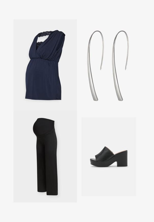 MAMALICIOUS MLZORINA TESS TOP - Top - navy blazer; Sorte graviditetsbukser med en høj, strækbar linning, designet til at støtte en gravid mave, vist på en ensartet lys baggrund.; Sorte læder open-toe mules har et bredt forreste strop og en chunky, høj platformhæl med en glat tekstur. Vist fra siden.; Lange sølv dråbeøreringe med et slankt, forlænget design og en glat, poleret overflade. Har en minimalistsk buet form.