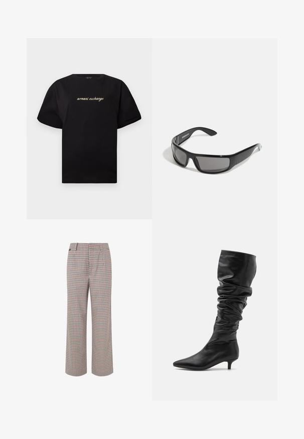 Sort t-shirt med korte ærmer med broderet "armani exchange" i beige skriveskrift centreret på brystet.; Tjekkede bukser i beige, rød og marineblå. Bred ben-design med skræddersyet talje og plisseringer, der har en tekstureret stoffinish.; RAID ALINNA - Høje støvler/ Støvler - black; Sorte solbriller med en blank overflade, wraparound-design og grå linser. Har branding på stangen og en robust ramme.