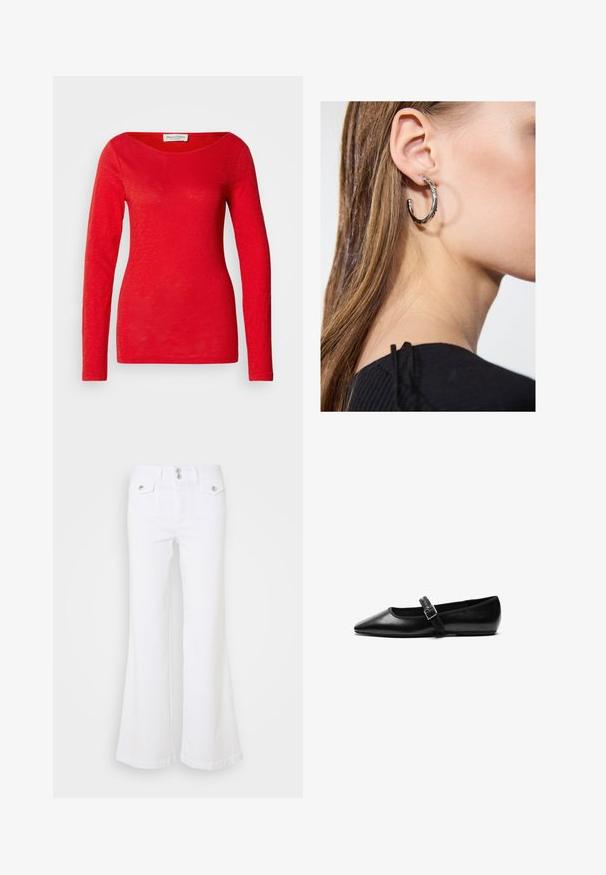 Haut rouge à manches longues avec un large col rond. Fabriqué en tissu doux et légèrement texturé, au design ajusté avec des manches slim et un ourlet fini.; Jean flare blancs en denim, avec une taille haute, deux poches avant et des boutons en métal argenté sur un fond uni.; Chaussure noire plate en cuir avec un bout pointu, bride réglable avec une boucle en métal, texture lisse et design minimaliste.; Boucle d'oreille en argent avec une finition polie, présentant de petits détails en or et de forme ronde, portée sur le lobe.