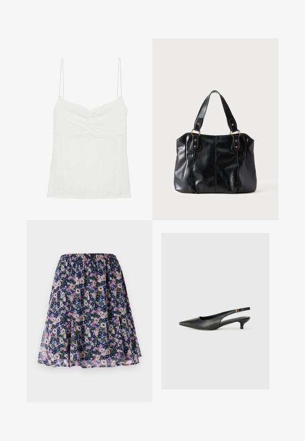 Weißes Camisole mit dünnen, verstellbaren Trägern, ausgestattet mit einem strukturierten Stoff mit erhabenen Mustern und einem gerafften Frontdetail.; Blumenrock mit elastischem Taillenbund. Verfügt über einen dunkelblauen Hintergrund mit rosa, weißen und grünen Blumenmustern. Fließender, leichter Stoff.; Schwarzer Slingback-Schuh mit spitzem Zehenbereich aus glattem Leder. Mit einem dünnen Absatz und einer dekorativen Schnalle am verstellbaren Riemen.; Schwarze Leder-Schultertasche mit doppelten Trägern, befestigt durch goldene Ringe und Nieten, glatte und leicht glänzende Oberfläche, schlichtes Design.