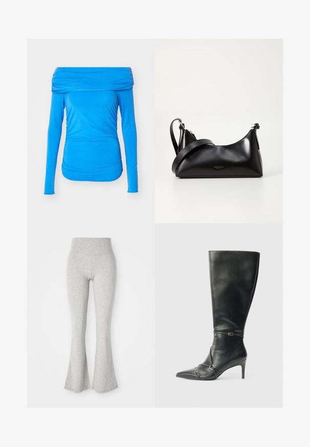Blaue schulterfreie Langarmbluse aus dehnbarem Stoff mit gesammelten Details an den Seiten für eine figurbetonte Passform.; Graue, ausgestellte Leggings aus weichem Material, mit einem elastischen Bund und einer glatten Textur, die am Saum zur Ausstülpung hin auslaufen.; Schwarze kniehohe Lederstiefel mit schlankem Absatz, spitz zulaufender Spitze und Riemendetails am Knöchel. Glatte Textur und eng anliegendes Design.; Schwarze lederne Handtasche mit glatter Textur. Verfügt über einen verstellbaren Riemen und ein elegantes, minimalistisches Design mit einem Reißverschluss.