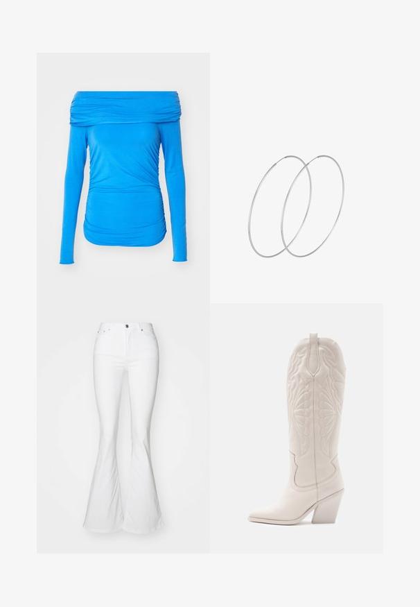 Blaue schulterfreie Langarmbluse aus dehnbarem Stoff mit gesammelten Details an den Seiten für eine figurbetonte Passform.; Weiße, ausgestellte Jeans mit hoher Taille, aus Denim. Verfügt über einen Knopfverschluss vorne und fünf Taschen. Glattes, strukturiertes Material.; Weiße Leder-Cowboystiefel mit spitzer Zehe und blockiertem Absatz. Sie verfügen über aufwendige Steppmuster am Schaft und eine glatte Textur.; Silberne Creolen mit minimalistischem Design. Rundform, glatte Oberfläche und dünnes Profil. Leichtgewichtig mit hochglänzender Oberfläche.