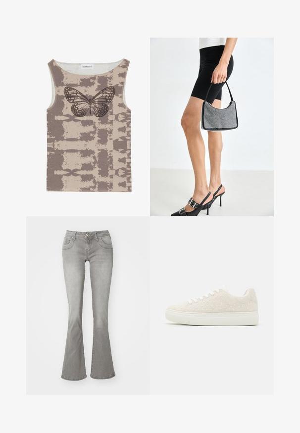 Even&Odd by Zalando Top - multi coloured; Grå flagrende jeans med en middelhøj talje, frontlommer og knaplukning, lavet af denimstof med en glat tekstur.; Beige sneakers med tekstureret overflade, pyntet med små hvide perler, flad hvid gummisål og snørebånd design. Enkel, rund form.; Sort perlehandtaske med en buet silhuet, bærehåndtag og blank overflade. Båret med højhælede sorte sko og tætsiddende sorte shorts.
