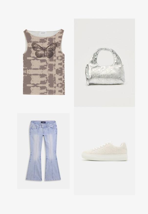 Even&Odd by Zalando Top - multi coloured; Lyseblå flare jeans med lommer foran og bagpå, dobbelt knaplukning og synlige sømme hele vejen rundt.; Beige sneakers med tekstureret overflade, pyntet med små hvide perler, flad hvid gummisål og snørebånd design. Enkel, rund form.; Sølvhåndtaske med et struktureret mønster af geometriske former og cirkler, der har et afrundet håndtag og en aftagelig rem.