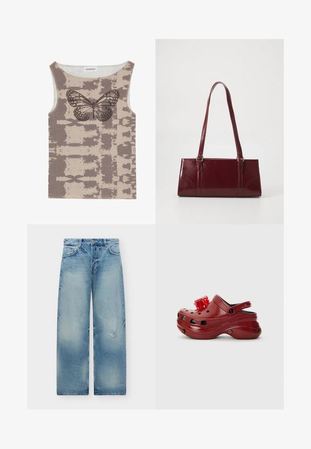Even&Odd by Zalando Top - multi coloured; Lyseblå denimjeans med afslappet pasform, let slid på højre lår og traditionelt fem-lomme design.; Rød plastikklip med ventilationshuller, hævet hæl og en blomsterdekoration ovenpå. Har en bagrem og teksturerede sider.; Bordeaux håndtaske lavet af glansfuldt materiale, rektangulær form, med to skulderremme og subtile buede detaljer på forsiden.