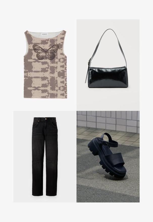 Even&Odd Top - multi coloured; Sorte denimjeans med lige ben, fem lommer, knaplukning og subtile falmede detaljer ved lårene og knæene.; Sort sandal med chunky sål, brede remme og spænde om anklen på grå fortov nær flisevæg.; Sort rektangulær skuldertaske med en enkelt justerbar rem og lynlås i toppen på en ensfarvet baggrund.