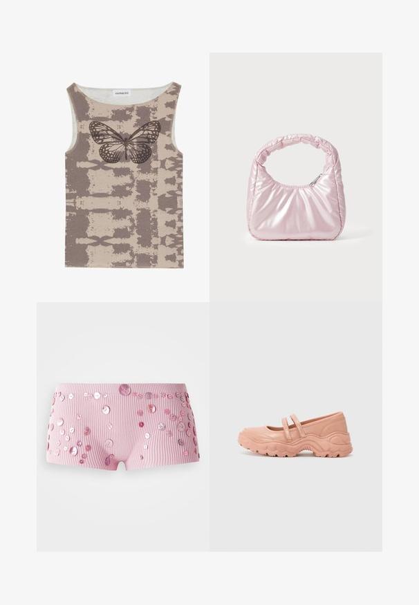 Even&Odd Top - multi coloured; Lyserøde ribbede shorts prydet med forskellige størrelser af skinnende lyserøde knapper spredt over stoffet.; Lyserøde læder Mary Jane-sko med to remlukninger, kraftig gummisåle, afrundet tå, let shiny finish og tekstureret bølgemønster på sålen.; Rosa, polstret håndtaske med afrundet design, lavet af skinnende materiale. Har et samlet håndtag og en lynlås til sikker adgang.