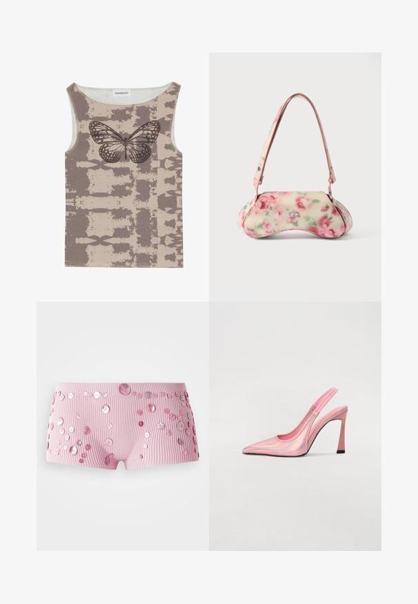 Even&Odd by Zalando Top - multi coloured; Lyserøde ribbede shorts prydet med forskellige størrelser af skinnende lyserøde knapper spredt over stoffet.; Rosa slingback pumpe lavet af iriserende materiale med spids tå, slank hæl og elastisk rem for pasform. Glat tekstur med blank finish.; Håndtaske med blomstermønster og buet form, primært cremefarvet med pink roser, med en pink rem og en sølvfarvet logo-detalje. Glat tekstur.