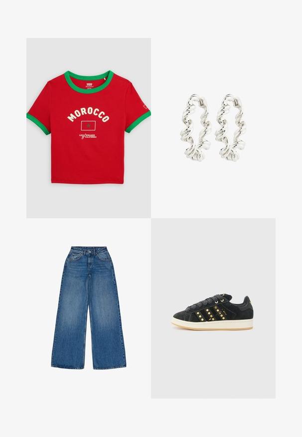 Rød T-shirt med korte ærmer med grøn krave og manchetter, teksten "Morocco" og flaggrafik i midten, Levi's-mærke nedenunder.; Bredde jeans i blå denim med høj talje, featuring en frontknaplukning, kontrastfarvet orange stikninger og klassisk fem-lomme design.; adidas Originals CAMPUS 00S W - Sneakers - core black/carbon/gold-coloured; Vridede sølvøreringe med en glat, reflekterende overflade og en sikker lås. Designet fremhæver et spiralformet mønster for ekstra detalje.