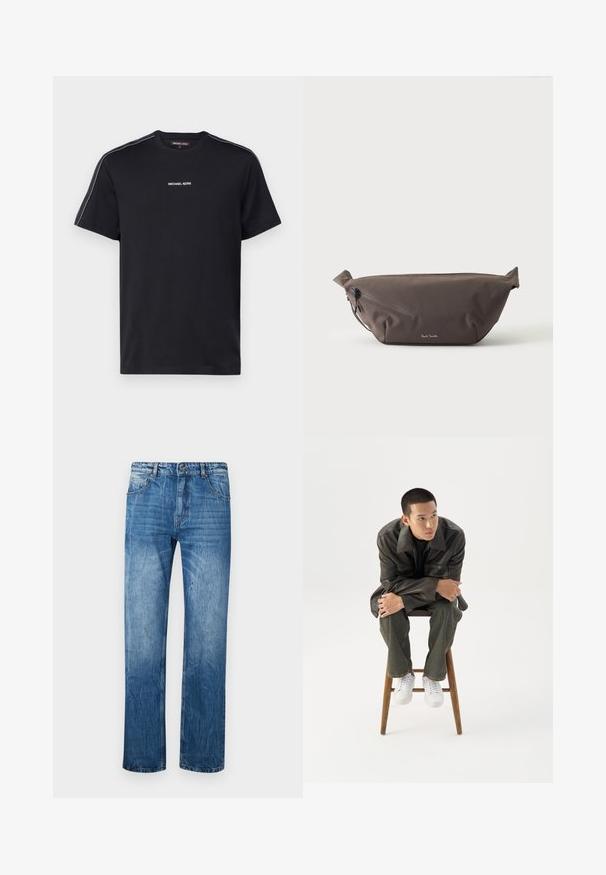 T-shirt en coton noir avec des manches courtes, un col rond et le texte blanc "MICHAEL KORS" sur la poitrine, accompagné de bandes latérales contrastantes.; Jean en denim bleu avec une coupe droite, comportant cinq poches, des passants de ceinture et un léger délavage sur le tissu.; Jeune homme en veste en cuir foncée et jean, assis sur un tabouret en bois, penché en avant, les bras croisés, regardant sur le côté sur fond blanc.; Sac banane en tissu marron foncé avec poche zippée en diagonale et petit logo blanc sur le devant, sur un fond clair uni.