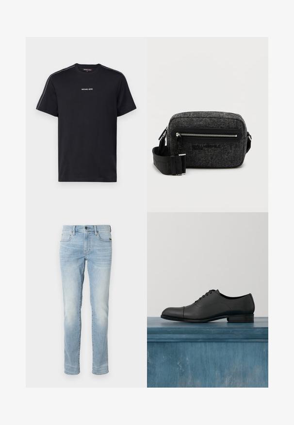 Must musta särk, millel on lühikesed varrukad, ümmargune kaelus ja valge "MICHAEL KORS" tekst rinnal, millel on kontrastsed külgtriibud.; Heledad hallid slim-fit teksad, millel on ees nupp, tõmblukk ja viie tasku kujundus, näidatud ühtlase valge tausta ees.; Mustast nahast kleitkingad, millel on suletud paelad, ümar ninaots ja ninaotsa detailid. Sile tekstuur, minimalistlik disain, tõstetud konts.; Hallhalli halli õlakott, millel on esine tõmblukk, must logo ja reguleeritav rihm. Omab struktureeritud ristkülikukujulist kuju ja siledat metallist riistvara.