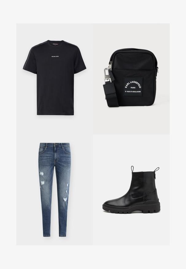 Sort bomulds-t-shirt med korte ærmer, rund halsudskæring og hvid "MICHAEL KORS" tekst på brystet med kontrasterende sidelister.; Smaltsiddende blå denimjeans med slidte detaljer, flere revner og en falmet vask. Har fem-lomme-design og bæltestropper.; Sorte læder ankelstøvler med en kraftig sort sål, med trækkroge bagpå og en glat, elegant overflade. Rund tådesign.; Sort nylon crossbody taske med rektangulær form, med en frontpatch etikette, sølvhardware og en justerbar rem.