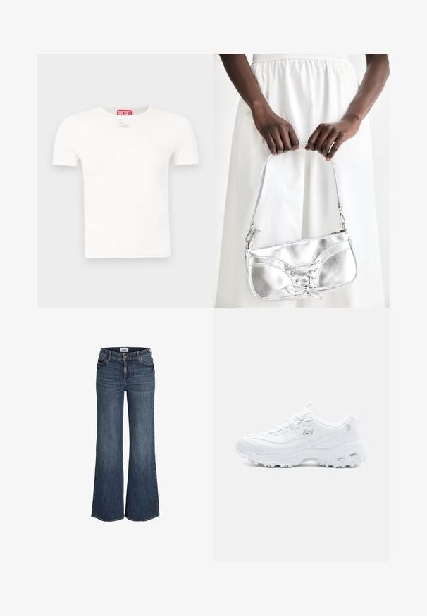 Wit katoenen T-shirt met korte mouwen, een ronde hals en een klein zilveren logo met "DIESEL" in het rood op de halslijn.; Donkerblauwe jeans met wijde pijpen, voorzakken, riemlussen, knoop- en ritssluiting, afgebeeld op een witte achtergrond.; Witte sportieve sneakers met een gestructureerde synthetische bovenkant, ronde neus, vetersluiting, gevoerde zool en een geprofileerde loopzool.; Zilveren metalen handtas met vetersluiting, met een strak ontwerp en een korte schouderriem. De tas wordt vastgehouden in de handen, waardoor de textuur goed tot zijn recht komt.