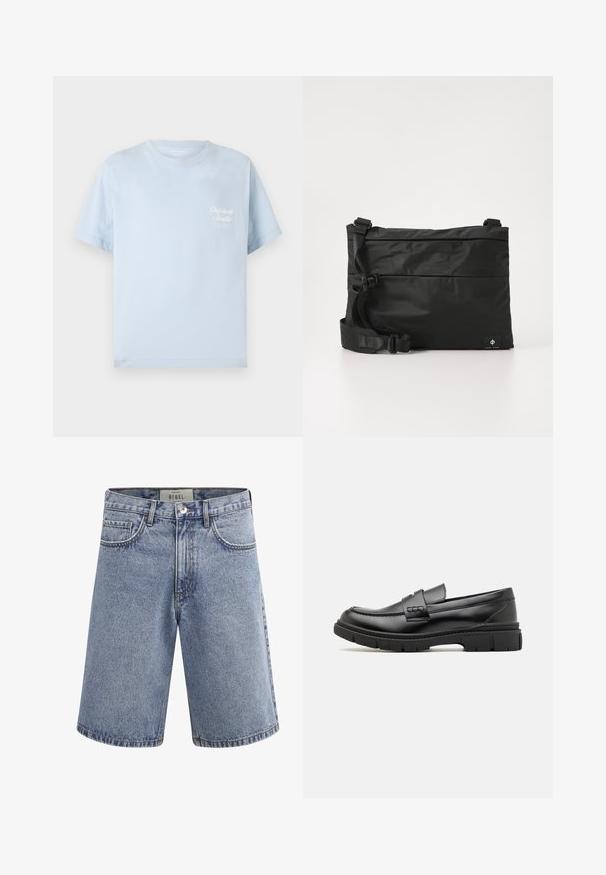 Lyseblå t-shirt lavet af bomuld, med rund hals, korte ærmer og et lille hvidt logo på brystet, med en glat tekstur.; Lyseblå denimshorts med forlommer, bæltestropper, knaplukning og en mærkat inde i taljebåndet med teksten "REBEL."; Sort læder loafersko med en bred rem over forfoden, gummisål med tykke mønstre og glat overflade. Klassisk, slankt design.; Sort nylon messenger-taske med justerbar rem, fladt design og et sideetiket med et logo. Glat tekstur og minimalistisk stil.