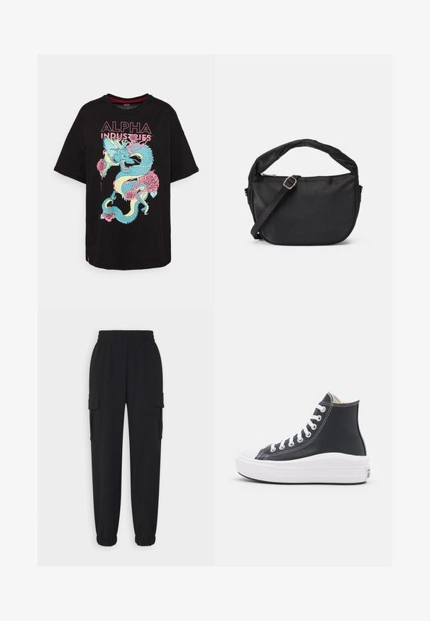 Schwarzes T-Shirt mit kurzen Ärmeln, das ein buntes Drachen- und Rosenmuster zeigt, mit dem Text "ALPHA INDUSTRIES" in Pink über dem Design. Aus Baumwollmaterial.; ONLY ONLOLA PANT - Cargohose - black; Schwarzer High-Top Sneaker mit weißen Schnürsenkeln und Gummisohle. Verfügt über eine glatte Ledertextur und weiße Nähte als Akzente.; Schwarze Stoffumschlagtasche mit einem verdrehten Griff, einem abnehmbaren Schultergurt und einem Reißverschluss-Topverschluss. Glatte Textur und minimalistisches Design.
