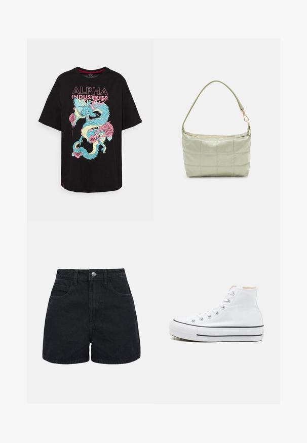 Zwarte t-shirt met korte mouwen, voorzien van een kleurrijke draak en rozen grafiek, met de tekst "ALPHA INDUSTRIES" in het roze boven het ontwerp. Van katoen.; Zwarte denim shorts met hoge taille, voorste knoopsluiting, riemlussen en twee voorzakken tegen een effen witte achtergrond.; Witte hoge sneakers van canvasmateriaal, zwarte rubberen zool en contrasterende zwarte streep op de tussenzool. Circulaire neus en vetersluiting.; Gewatteerde groene schoudertas met een zachte textuur, rechthoekige vorm, enkele schouderriem en een ritsluiting in goudkleur. Voorzien van een gewatteerd patroon.