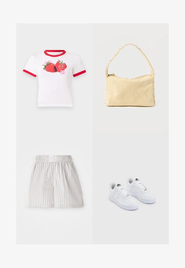 Valge lühikeste varrukatega crop-top, millel on krae ja varrukate ümber punane ääris, esitatud on graafika kahest maasikast ja numbriga "23".; Heledad hallide triibulised lühikesed püksid, mis on valmistatud pehmest kangast. Omavad elastset vöökohta, mille keskel on Nike logo silt.; Valged Nike Air Force 1 sneakerid siledast nahast pealispinnaga, perforeeritud varbaosas, valged paelad ja must trükk keelel.; Väike beež nahast käekott ühe rihmaga ja hõbedaste naeltega piki äärte ja rihma, esitatud ühtse taustaga.