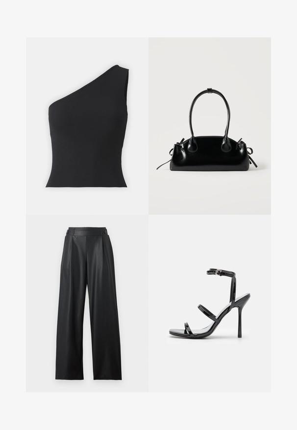 Top negro de canalé con un hombro, con un diseño ajustado, que presenta una textura suave y un escote asimétrico, adecuado para uso casual.; Pantalones anchos de cuero sintético negro con cintura alta, detalles de botones en la cintura y pliegues delanteros.; Sandalias de tacón alto de charol negro con tres tiras horizontales y una correa en el tobillo ajustable. Silueta elegante y acabado brillante.; Pequeño bolso negro brillante con dos asas largas y detalles de cordón lateral sobre un fondo claro liso.