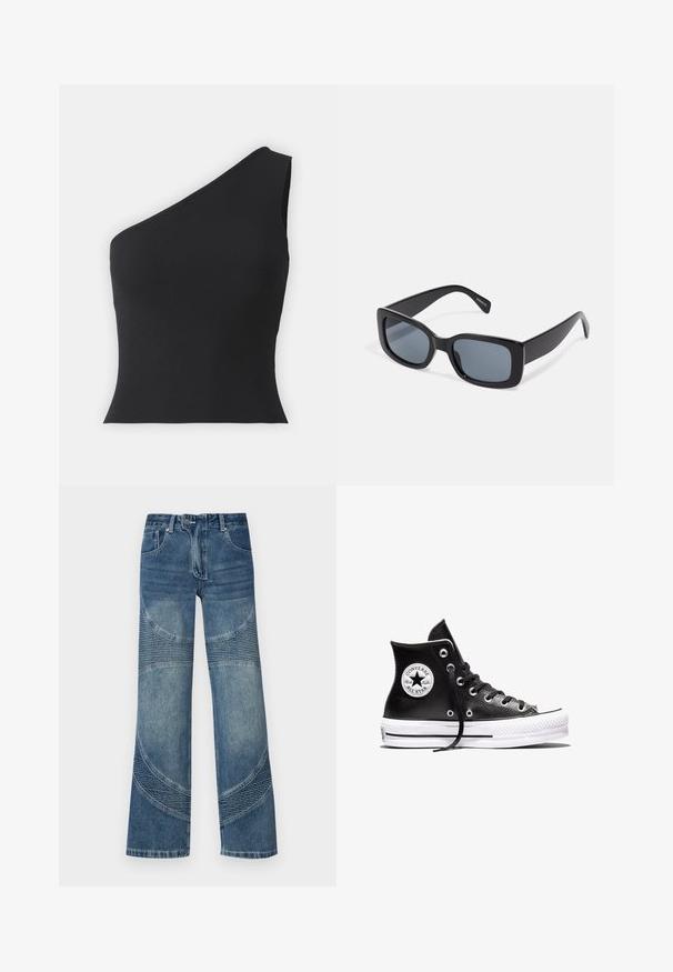 Schwarzes, einarmiges, geripptes Oberteil mit figurbetontem Design, das eine glatte Textur und einen asymmetrischen Halsausschnitt aufweist, ideal für den Alltag.; Hochtaillierte blaue Jeans aus Denim mit weitem Bein, versehen mit geschwungenen Nahtdetails und gerippten Teilen im unteren Bereich. Lässiger Stil.; Schwarzer Converse Chuck Taylor All Star High-Top-Sneaker mit weißer Gummisohle und Logo-Aufnäher am Knöchel, dargestellt vor weißem Hintergrund.; Schwarze rechteckige Sonnenbrille mit dunkel getönten Gläsern, dickem Kunstrahmen und breiten Bügeln. Glatte Oberfläche und kantiges Design.