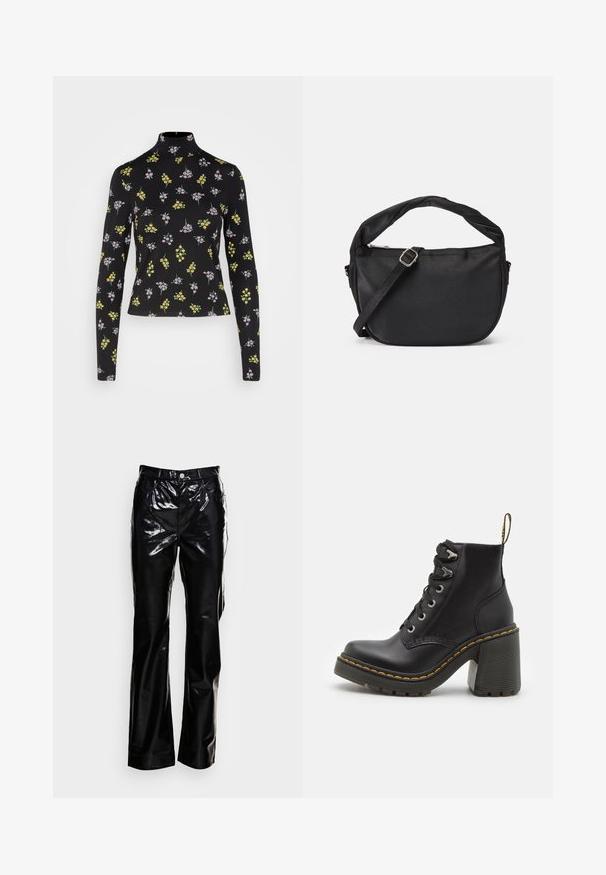 Monki Langarmshirt - sweetie; Monki Stoffhose - black dark; Schwarze Lederstiefelette mit einem klobigen hohen Absatz, Schnürung vorne, metallischen Ösen und gelben Nähten entlang der Sohle. Strukturierten Gummiaußensohle.; Schwarze Stoffumschlagtasche mit einem verdrehten Griff, einem abnehmbaren Schultergurt und einem Reißverschluss-Topverschluss. Glatte Textur und minimalistisches Design.