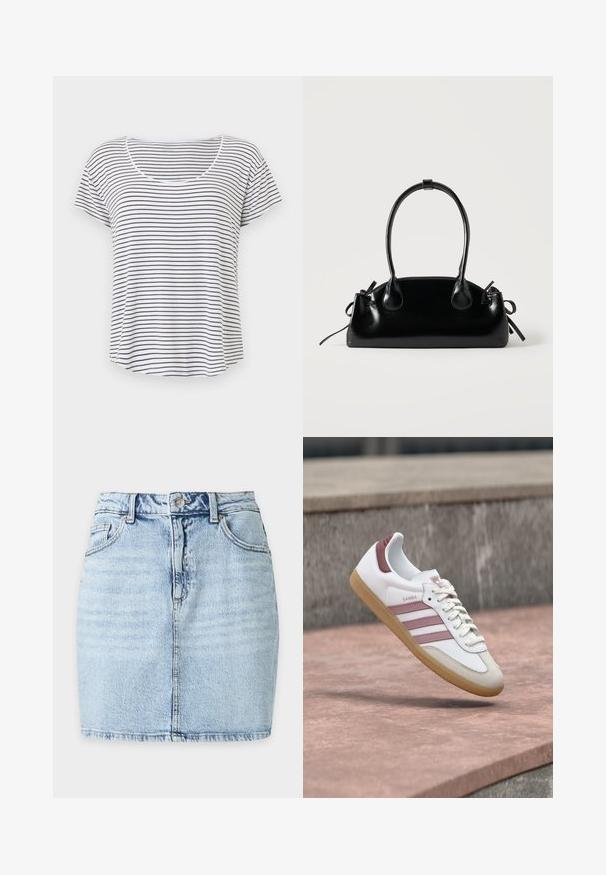 Wit T-shirt met korte mouwen met dunne zwarte horizontale strepen en een ronde hals, getoond tegen een effen witte achtergrond.; Lichtblauwe denim minirok met knoop aan de voorkant, riemlussen, twee steekzakken voor en een zichtbare verticale naad in het midden.; Witte en roze Adidas Samba sneaker met rubberen zool die zweeft boven een stenen oppervlak met een vervaagde stenen muur op de achtergrond.; Kleine zwarte glanzende handtas met twee lange hengsels en zijkant trekkoord details op een effen lichte achtergrond.
