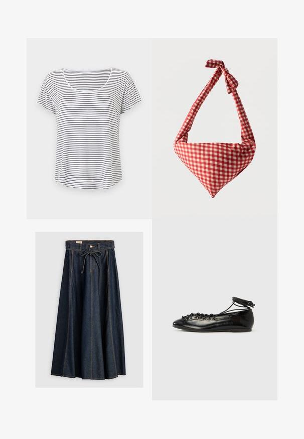 T-shirt blanc à manches courtes avec de fines rayures horizontales noires et un col arrondi, présenté sur un fond blanc uni.; Levi's® XL SKIRT - Jupe en jean - square circle; Ballerines en cuir verni noir avec un bout rond, un design à lacets et une semelle plate. Texture lisse avec peu de détails.; Sac d'épaule en tissu doux à motif à carreaux rouges et blancs, poignée nouée et forme triangulaire sur un fond uni.