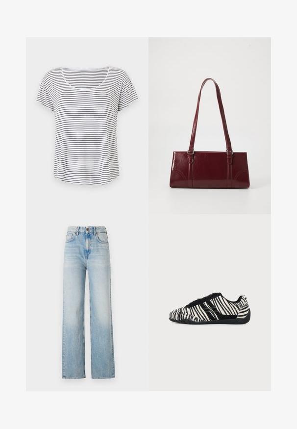 Wit T-shirt met korte mouwen met dunne zwarte horizontale strepen en een ronde hals, getoond tegen een effen witte achtergrond.; Lichtblauwe wijde jeans van denim, met een hoge taille, subtiele vervaging en een traditionele vijf-pocketontwerp met contrasterende stiksels.; Zwart-witte vetersneaker met zebraprint en een gestructureerde zwarte zool op een egale lichte achtergrond.; Bourgondische handtas van glanzend materiaal, rechthoekige vorm, met twee schouderbanden en subtiele gebogen accenten aan de voorkant.