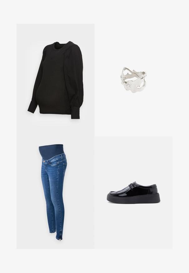 MAMALICIOUS MLDENVER - Langærmet T-shirt - black; Graviditetsjeans i mørkeblå denim. Slim fit med et strækbart, støttende mavebånd. Har sidelommer med lynlås ved anklen.; Sort laklæders snørestøvle med tyk sort gummisål og mokkasyning foran, sidevisning på ensartet lyst baggrund.; Sølvring med et abstrakt design med udskårne former og strukturerede overflader, der fremviser et moderne, skulpturelt udseende.