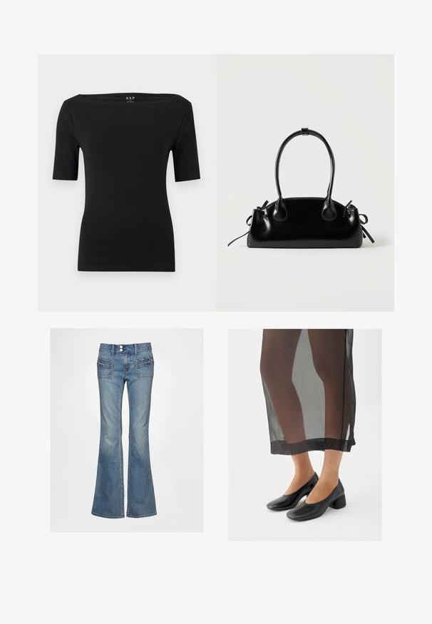 Haut noir moulant à manches courtes avec encolure bateau, en tissu lisse, étiquette taille petite, présenté sur un fond clair uni.; Jeans en denim bleu évasés avec une taille haute, deux poches avant à détails texturés, et une fermeture traditionnelle à boutons.; Chaussures noires à talons blocs avec une finition en cuir lisse, portées avec une jupe noire transparente à ourlet net et design minimaliste.; Petit sac à main noir brillant avec deux longues anses et des détails à cordon sur les côtés sur un fond clair uni.