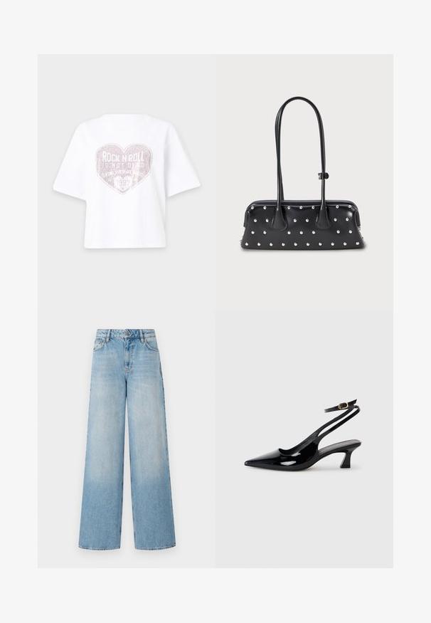 Hvid kortærmet skjorte med et stort hjerteformet design af små prikker på ryggen, der indeholder teksten "Rock and Roll Forever 1987."; Lyseblå brede jeans med høj talje, der har falmede ben, bæltestropper og traditionel metalknap samt lynlås lukning.; Sorte patenterede læderslingbacks med spidse tæer, lav blokhælt og justerbar ankelrem med guldspænde.; Sort rektangulær håndtaske med lange dobbelte stropper og sølvfarvede runde nitter jævnt fordelt over overfladen.