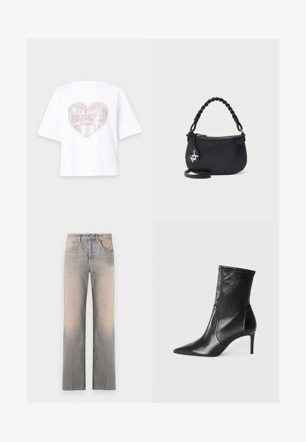 Chemise blanche à manches courtes avec un grand motif en forme de cœur composé de petits points dans le dos, contenant le texte "Rock and Roll Forever 1987."; Jean en denim bleu clair avec une coupe droite, comportant des poches avant, une décoloration subtile et une taille standard avec un bouton en métal.; Bottes noires à la cheville en cuir lisse, dotées d'un bout pointu, d'un tige ajustée et d'un talon haut fin. Design minimaliste sans quincaillerie visible.; Sac à main noir texturé avec poignée tressée, fermeture éclair et pendentif logo argenté sur un fond clair uni.