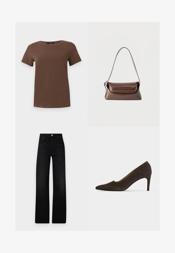 T-shirt marron uni à manches courtes avec col rond et ourlet droit, présenté sur un fond blanc plat.; Jeans noirs à jambe large en denim. Présentent une taille haute, deux poches avant et une fermeture par bouton métallique. Fini texturé avec un léger délavage.; Chaussure à talons hauts brun foncé à bout pointu, finition lisse et talon fin sur un fond clair uni.; Sac à bandoulière en cuir marron avec une boucle argentée sur la sangle et un rabat à rabat, présenté sur un fond blanc.