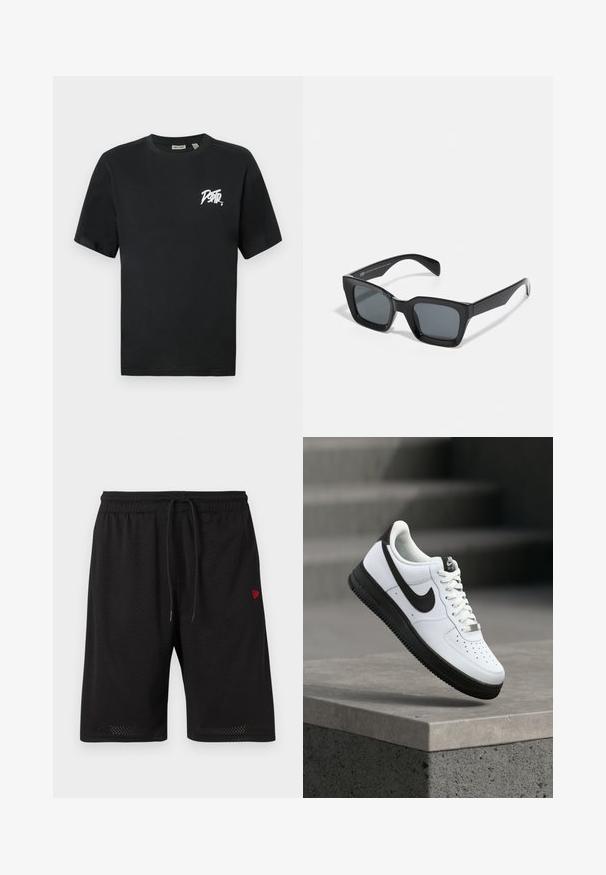 Schwarzes Baumwoll-T-Shirt mit kurzen Ärmeln und Rundhalsausschnitt, mit einem weißen grafischen Logo auf der linken Brustseite und einer glatten Textur.; Schwarze Mesh-Shorts mit elastischem Bund, verstellbarem Kordelzug und kleinem roten Logo auf der linken Seite. Leichter und atmungsaktiver Stoff.; Weißer Ledersneaker mit schwarzen Akzenten, abgerundetem Zehenbereich und perforierten Details. Schwarze Gummisohle mit strukturiertem Muster und Schnürverschluss.; Schwarze rechteckige Sonnenbrille mit dunklen Gläsern. Kunststoffrahmen mit glänzender Oberfläche, ausgestattet mit einer breiten Brücke und leicht verjüngten Bügeln.