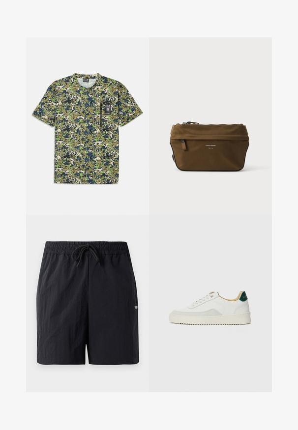 T-shirt à manches courtes arborant un motif camouflage dans des tons de vert, bleu marine et beige, avec une poche et une étiquette à l'avant.; Shorts de bain noirs en tissu texturé, avec une taille élastique à cordon de serrage et un petit logo sur le côté.; Baskets blanches avec des accents en daim, bout arrondi, lacets plats et semelle en caoutchouc crème. Présente une marque verte sur le talon.; Trousse rectangulaire marron à fermeture éclair, avec petite poche avant et texte "Tiger of Sweden 1903" sur le devant.
