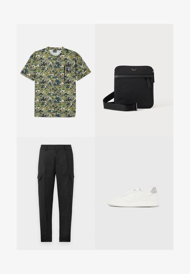 Camiseta de manga corta con un patrón de camuflaje en tonos verdes, marino y beige, con un bolsillo y una etiqueta en el delantero.; Pantalones cargo negros con una cintura elástica, pierna ajustada, bolsillos laterales y un solo bolsillo cargo en el muslo izquierdo. Textura suave.; Zapatilla blanca de corte bajo con pestaña en el talón gris, cordones blancos y suela texturizada, presentada sobre un fondo claro y liso.; Bolso de hombro negro cuadrado con cierre de cremallera, bolsillo delantero y correa ajustable con nombre de marca en relieve.