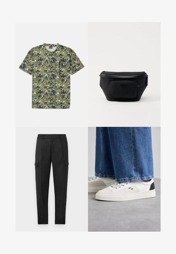 Camiseta de manga corta con un patrón de camuflaje en tonos verdes, marino y beige, con un bolsillo y una etiqueta en el delantero.; Pantalones cargo negros con una cintura elástica, pierna ajustada, bolsillos laterales y un solo bolsillo cargo en el muslo izquierdo. Textura suave.; Zapatillas blancas y negras con una parte superior de cuero suave, acentos texturizados y una suela blanca gruesa. Presenta un diseño clásico de cordones.; Bolsa negra de nailon con un bolsillo delantero con cremallera, presenta una textura lisa y un acento de logo. Diseño estructurado con una tapa plegable.