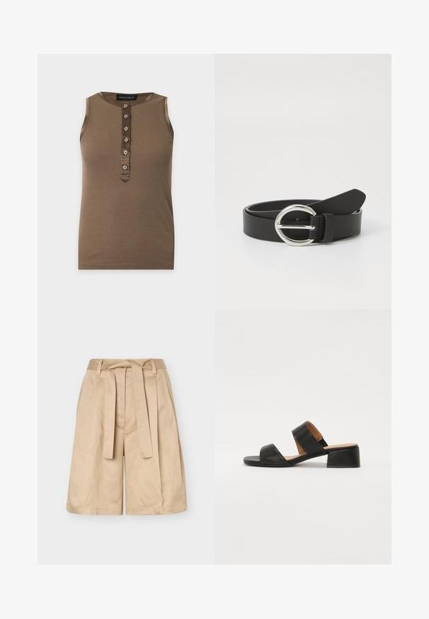 Ärmelloses braunes, geripptes Tanktop mit sechs Knöpfen vorne und rundem Ausschnitt, Marke Anna Field.; Beige Shorts mit hoher Taille, Gürtelschlaufen, einem Stoffbindegürtel und weiten Beinen, vor einem schlichten Hintergrund dargestellt.; Schwarze Ledersandale mit zwei breiten Riemen über dem Fuß, einer quadratischen Zehenpartie und einem niedrigen Blockabsatz. Glatte Textur und minimalistisches Design.; Schwarzer Leder Gürtel mit einer runden silbernen Schnalle, glatter Textur und einem schlichten Design. Der Riemen ist verstellbar und hat ein spitzes Ende.