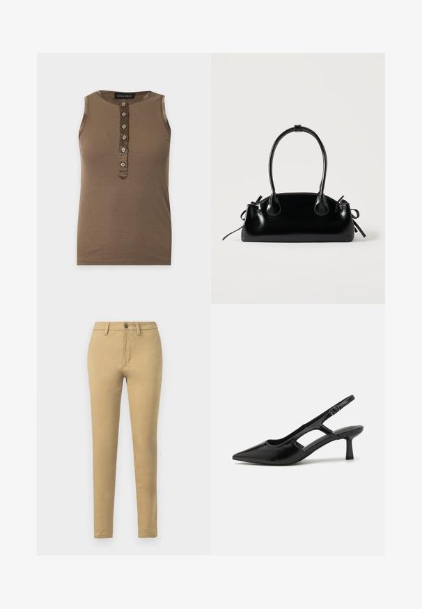 Ærmeløs brun ribbet tanktop med seks forreste knapper og rund halsudskæring, mærket Anna Field.; Khaki chinos lavet af en blanding af bomuldsstof, med slim fit, bæltestropper, frontlommer og en enkelt knaplukning.; Sorte slingback hæle med spidse tæer, lavet af blankt materiale, med udskæringsdetaljer og en moderat hæl for støtte.; Lille sort blank håndtaske med to lange håndtag og snøre-detaljer i siden på en ensfarvet lys baggrund.